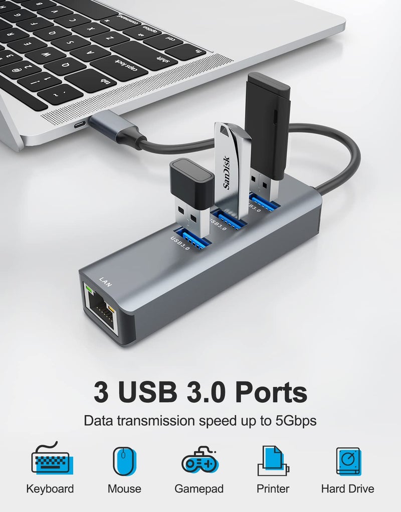 ABLEWE USB C to Ethernet Adapter, 4-in-1 RJ45 to USB-C/Thunderbolt 3 to Gigabit Ethernet LAN Network Adapter for MacBook Pro/Air 2023/2024, iPad Pro, iPhone 15/16 Pro/Max, Chromebook, XPS,Surface Book - Image 3